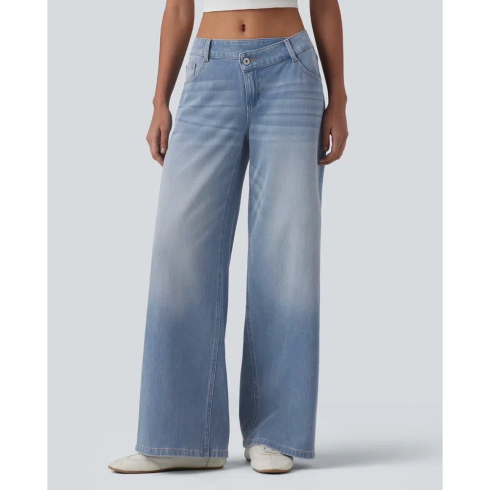 Halara Flex Low Rise Zipper Pockets Washed Baggy Wide Leg Jeans Size M
